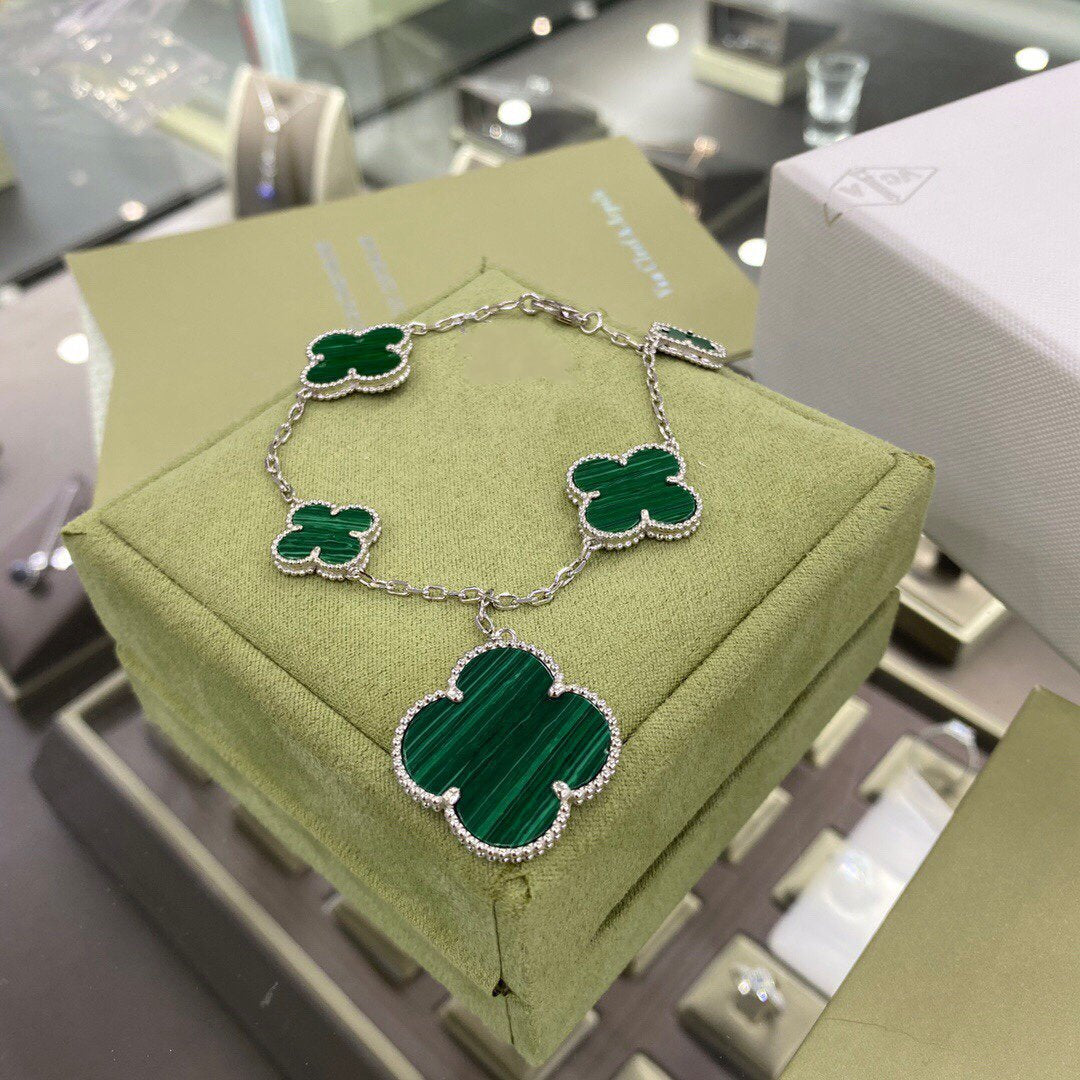 ¡®Loco¡¯CLOVER 5 MOTIFS SIVLER MALACHITE BRACELET