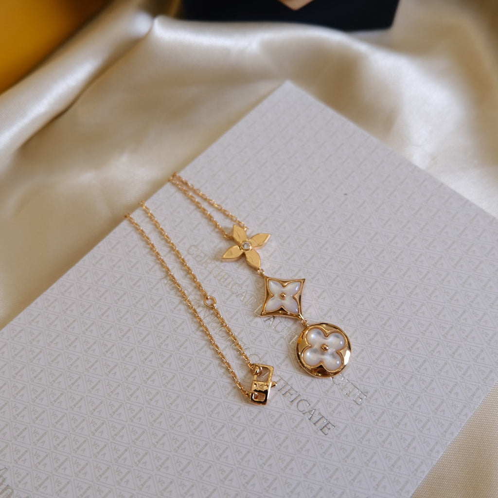 ¡®Loco¡¯COLOR BLOSSOM LARIAT NECKLACE PINK GOLD WHITE MOTHER PEARL AND DIAMOND