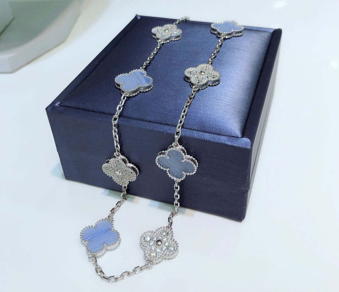 ¡®Loco¡¯CLOVER 10 MOTIFS CHALCEDONY DIAMONDS SILVER NECKLACE