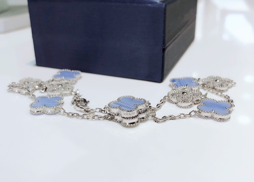 ¡®Loco¡¯CLOVER 10 MOTIFS CHALCEDONY DIAMONDS SILVER NECKLACE